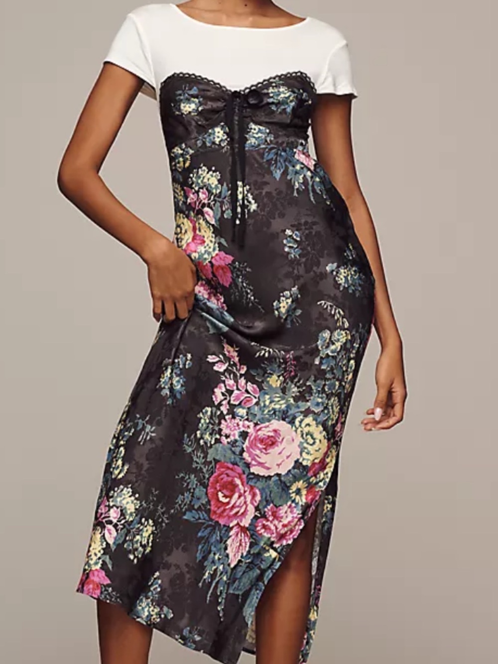 Anthropologie Black Floral Maxi Dress with Cream Top